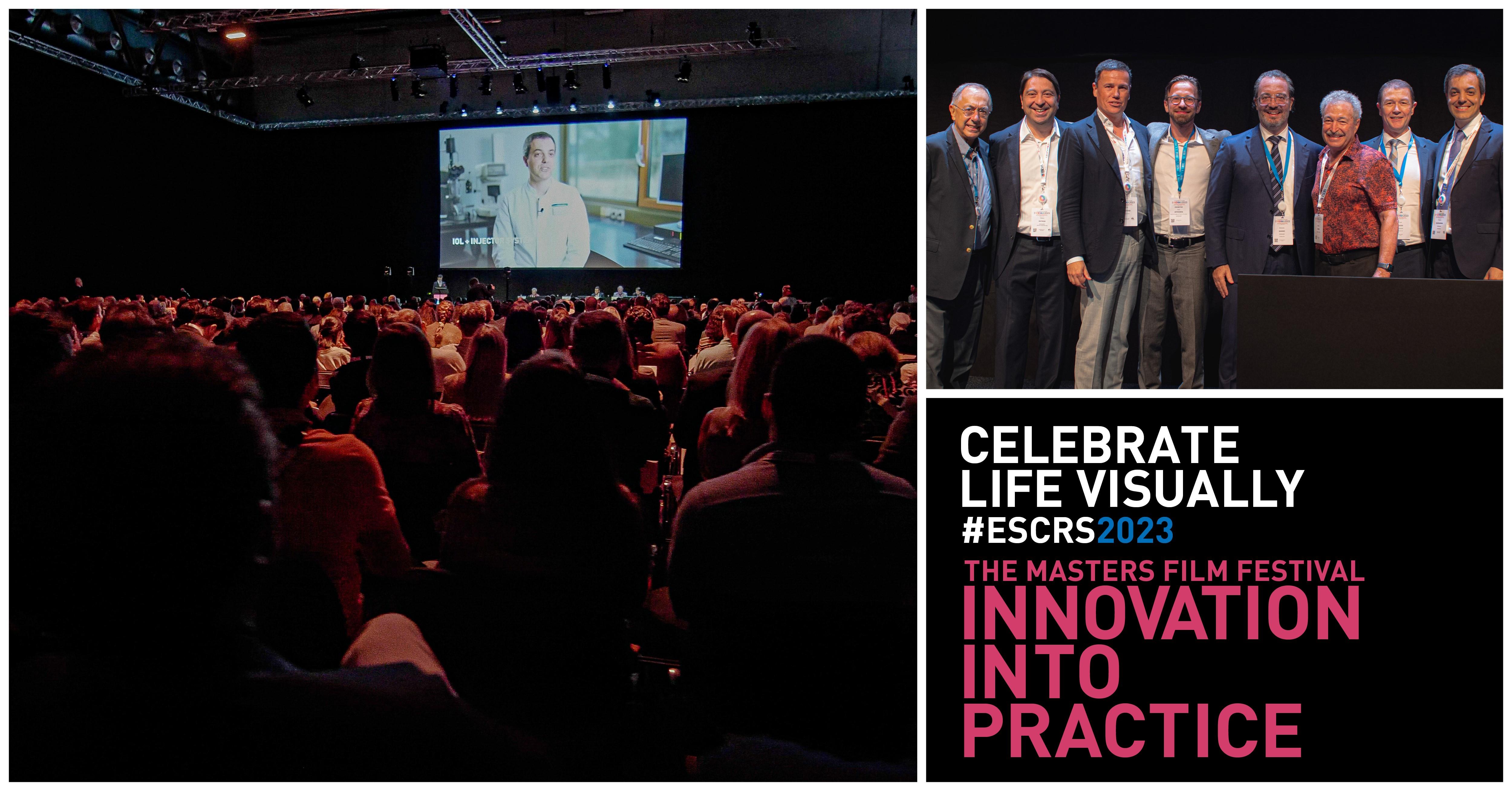    	 Audience watching a presentation at ESCRS 2023 with panelists on stage; text reads 'Celebrate Life Visually #ESCRS2023 The Masters Film Festival Innovation Into Practice.
