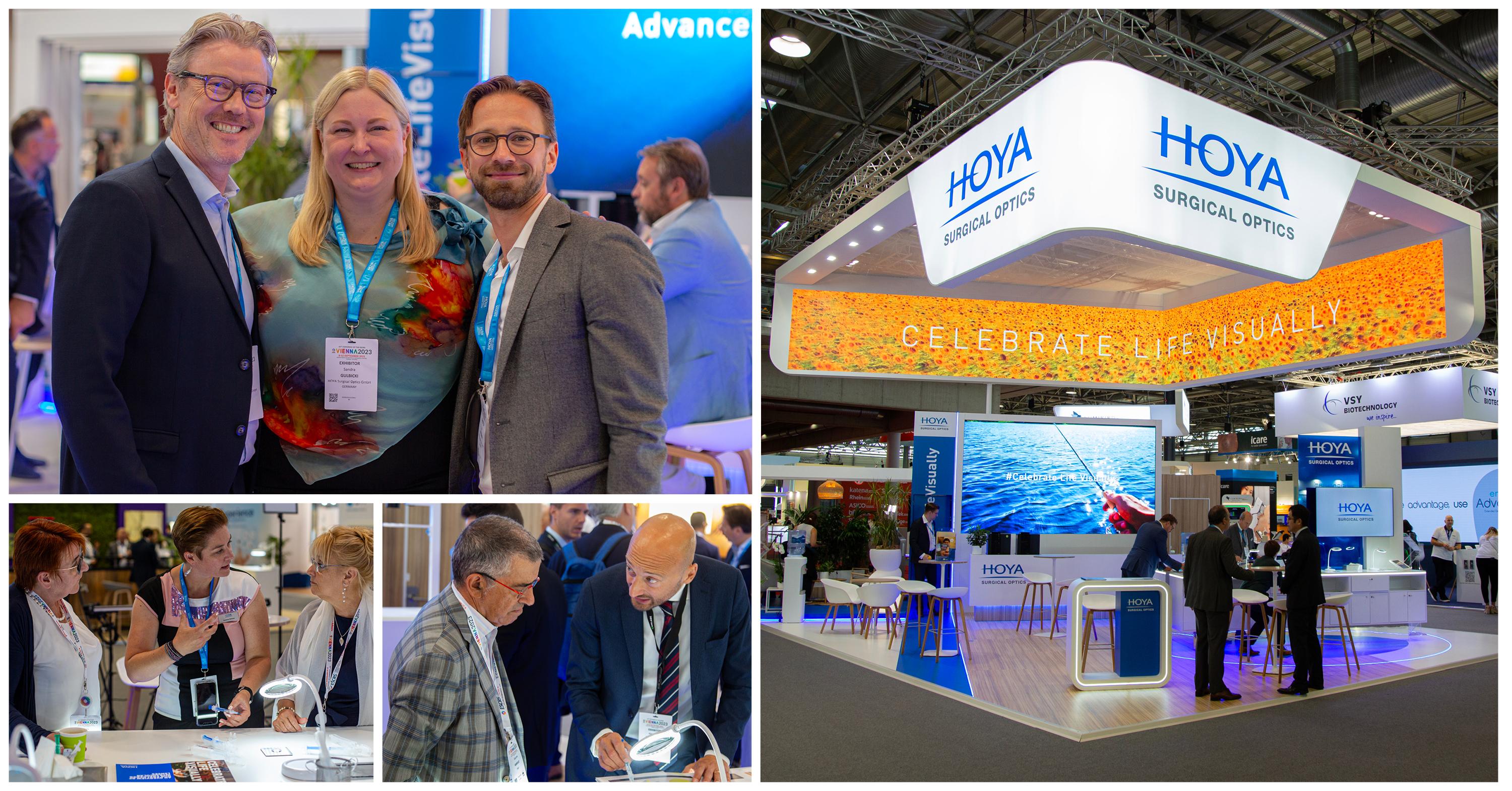 An event by HOYA Surgical Optics, with people demonstarting how the equipment works and a group of people posing for a photo together.