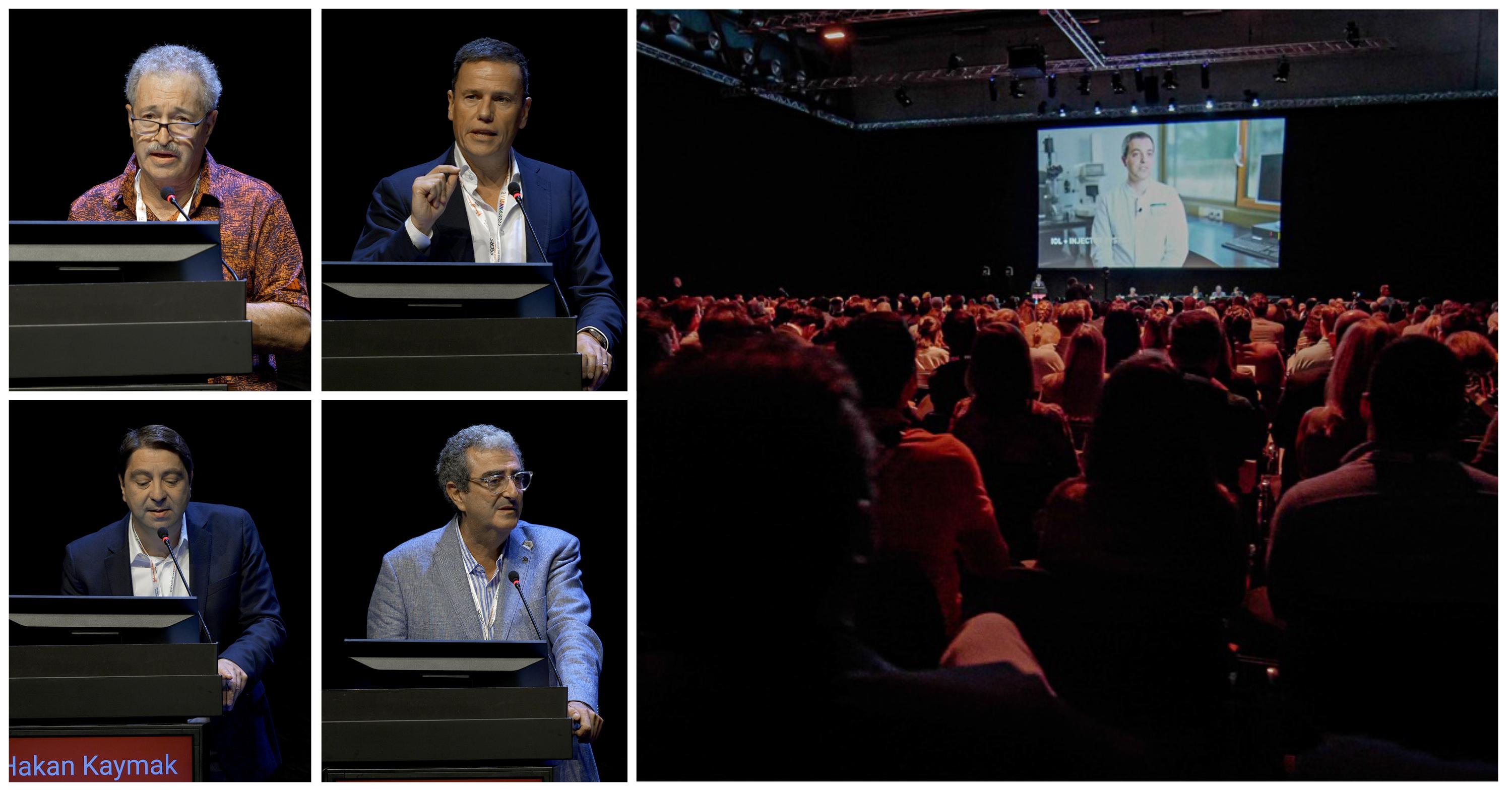Audience watching a presentation, with four squares of people speaking into a microphone.