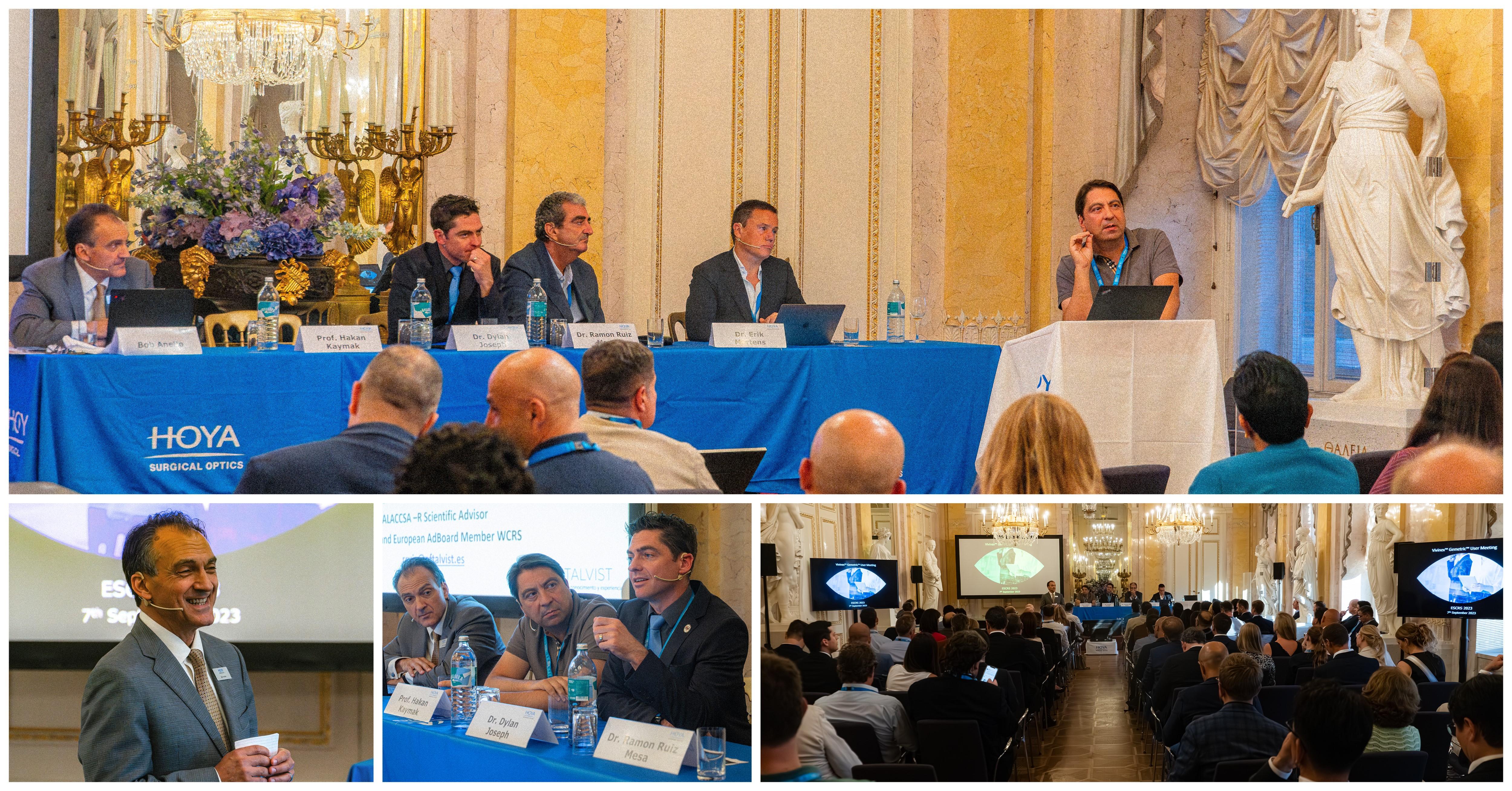 Audience watching a presentation by HOYA Surgical Optics with panelists sitting behind a table and presenting.